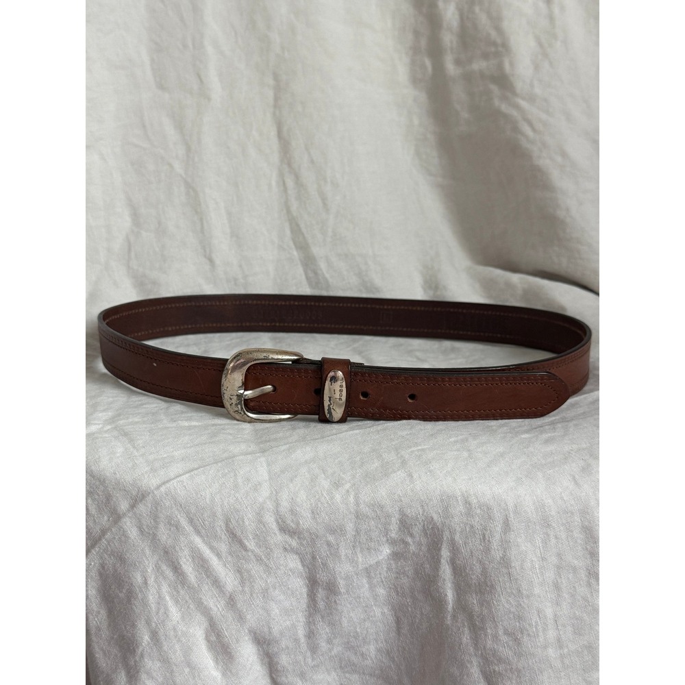 Fossil Brown Leather Western Belt Silver Horseshoe Buckle Large Boho Cowgirl USA